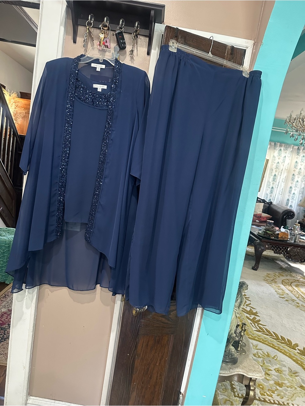 Oleg Cassini Navy Blue Beaded 3-Piece Outfit